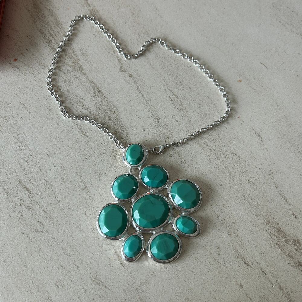 Turquoise Statement Pendant Necklace - Silver Tone Chunky Faceted Stone Bib, 16"
